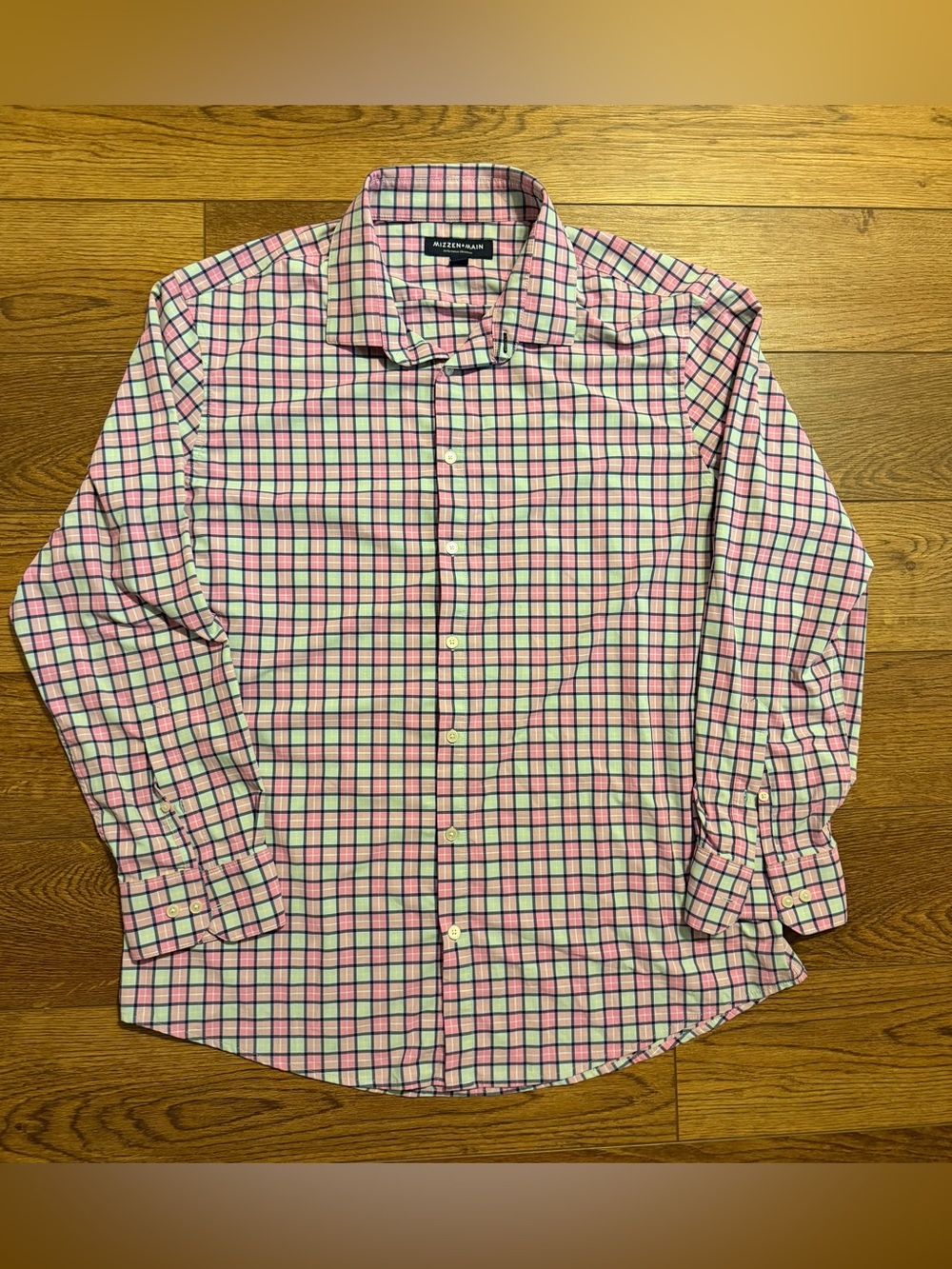 Mizzen + Main Performance Plaid Dress Shirt Pink Blue Mens‎ Large Preppy